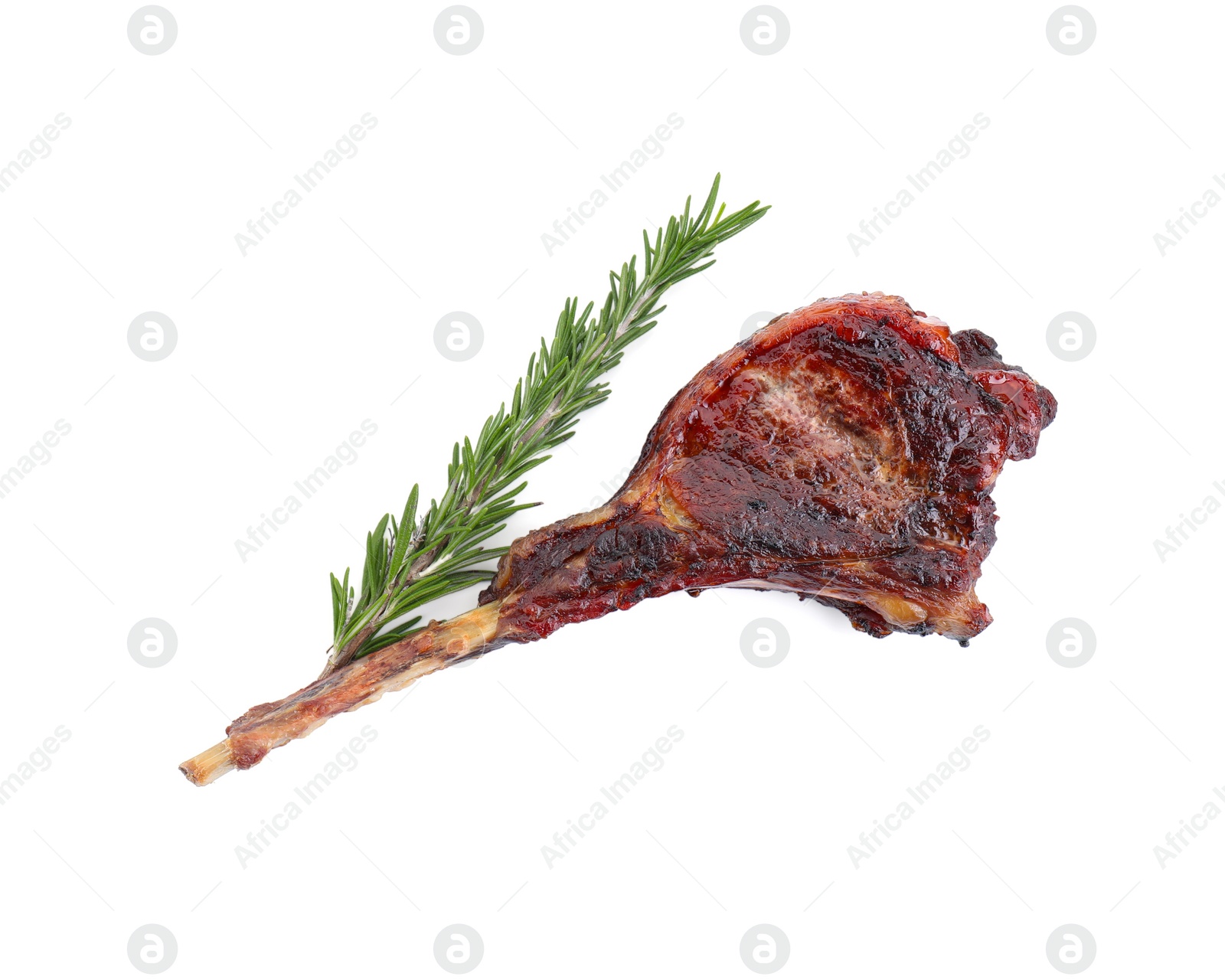 Photo of Delicious grilled beef meat and rosemary isolated on white, top view