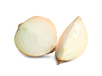 Photo of Slices of fresh ripe onion on white background