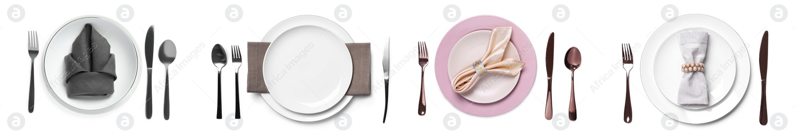Image of Set with examples of different beautiful table settings on white background, top view. Banner design