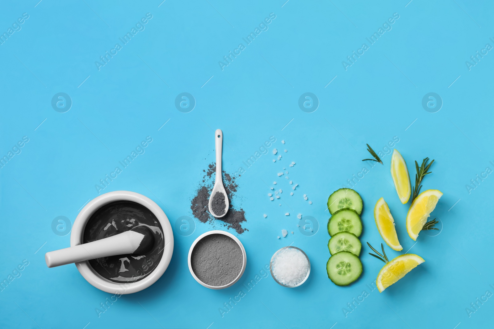 Photo of Homemade effective acne remedy and ingredients on color background