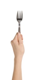 Woman holding clean fork on white background, closeup