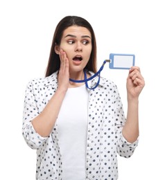 Worried woman with vip pass badge on white background