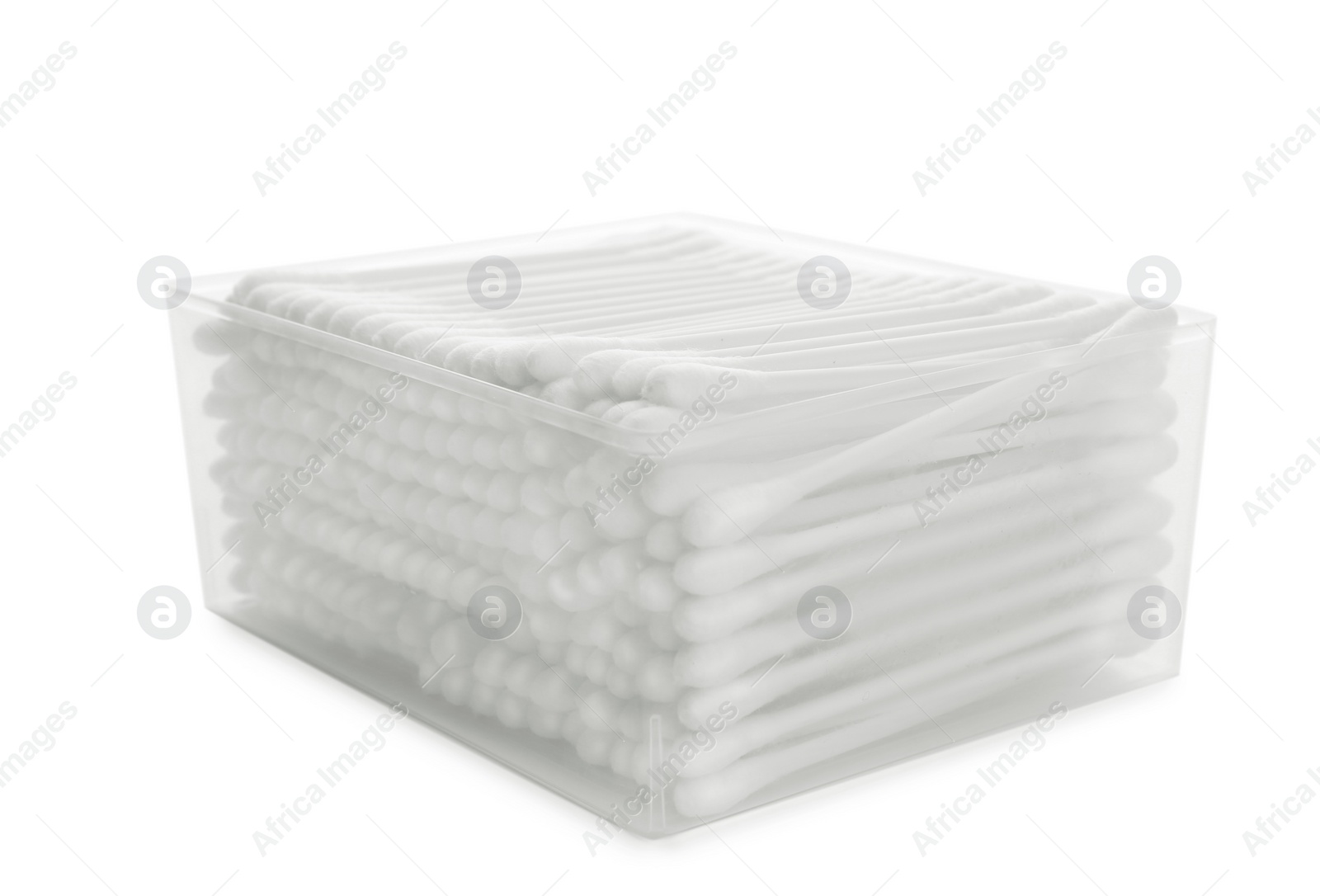 Photo of Plastic container with cotton swabs on white background