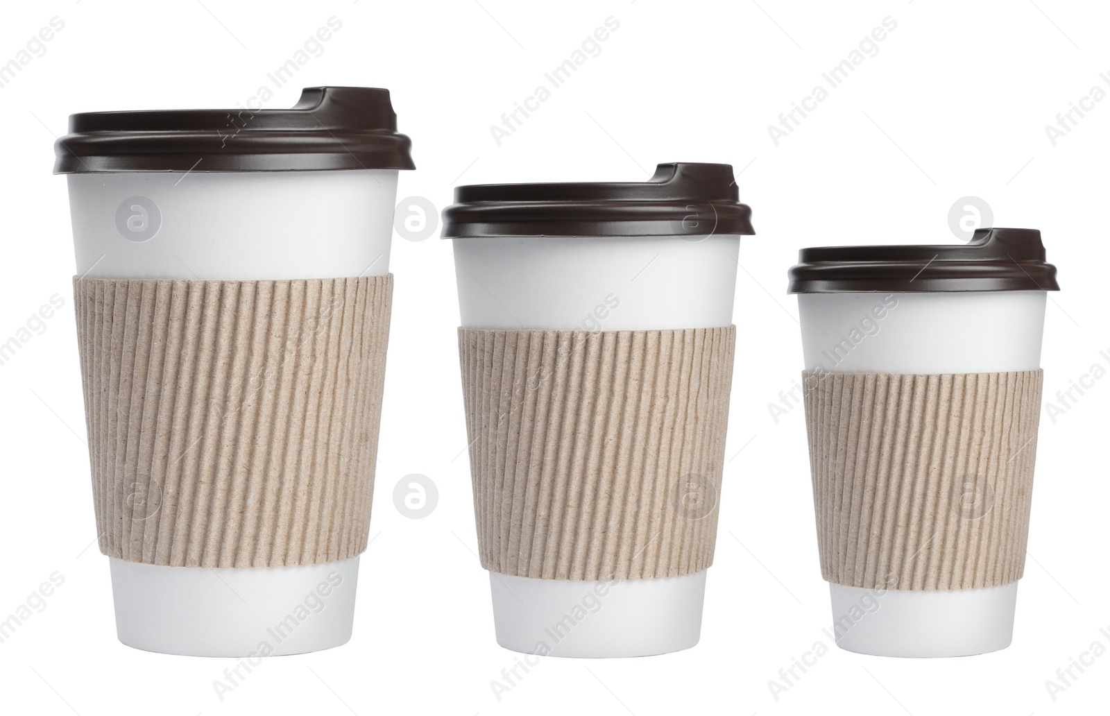 Image of Paper coffee cups of different sizes on white background, collage