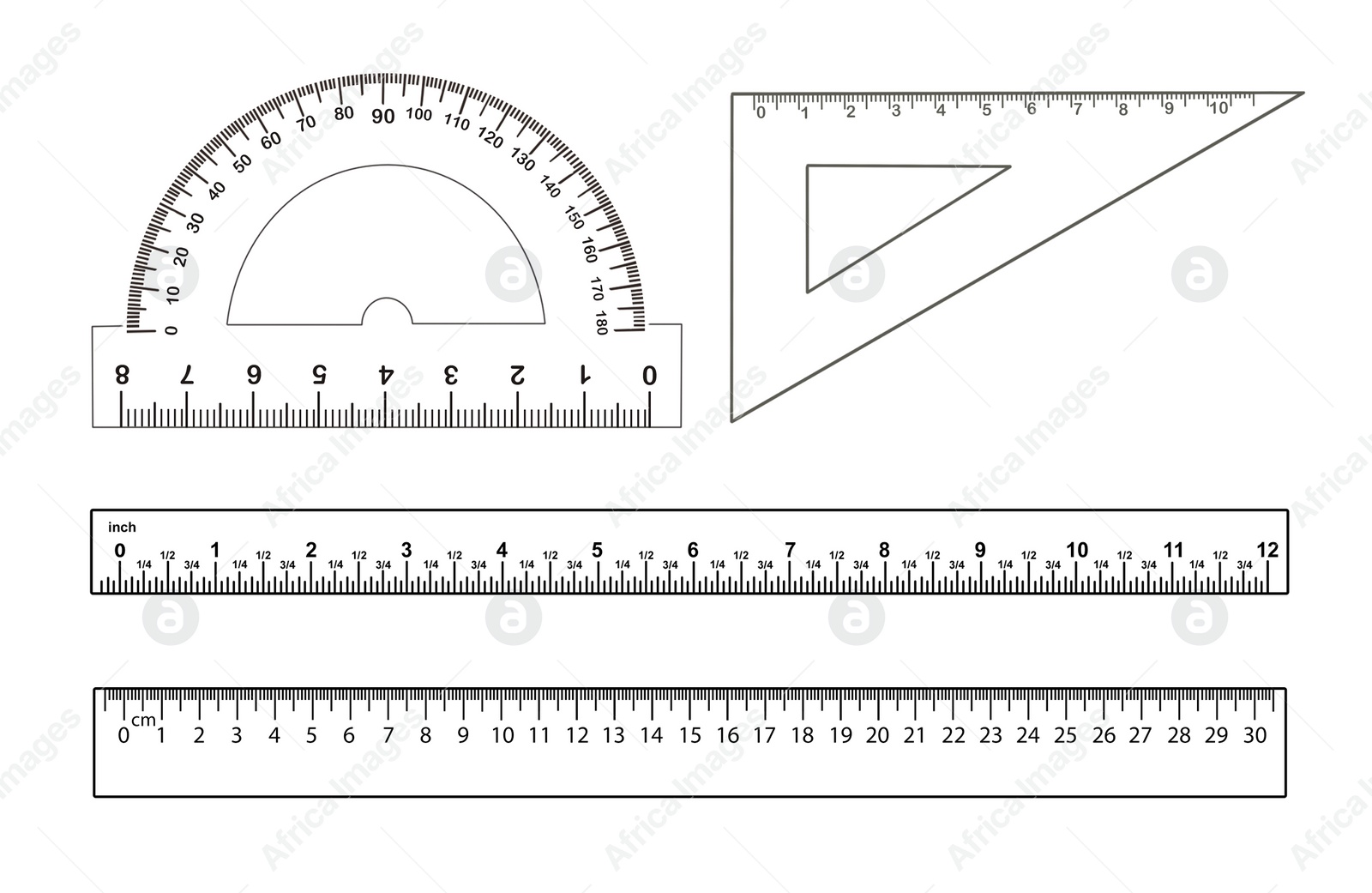 Image of Rulers, triangle and protractor on white background, collage. Illustration