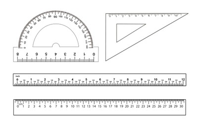Image of Rulers, triangle and protractor on white background, collage. Illustration