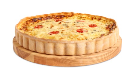 Photo of Delicious quiche with cheese and tomatoes isolated on white