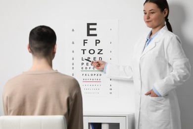 Ophthalmologist testing young man's vision in clinic