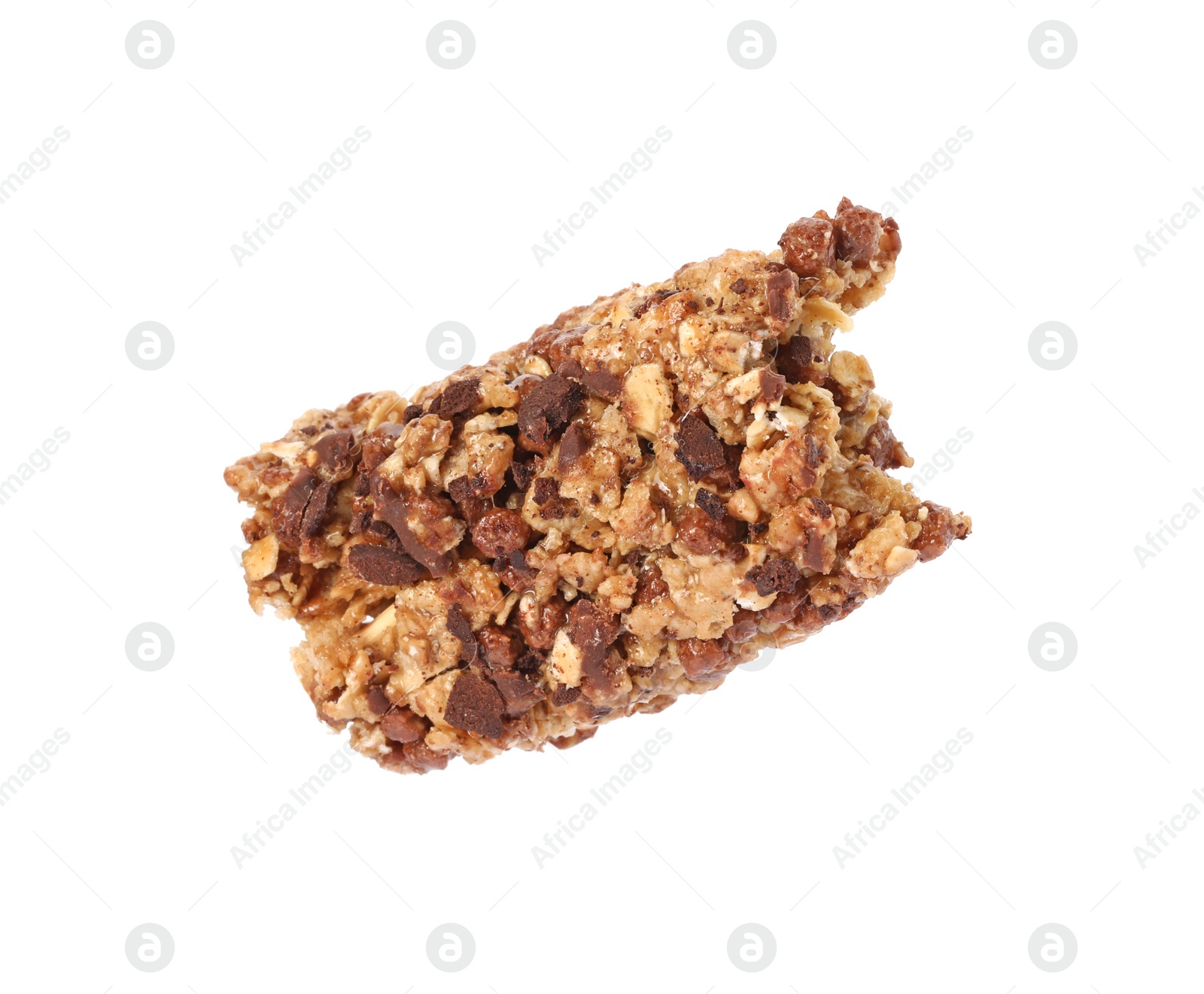 Photo of One piece of tasty granola bar isolated on white