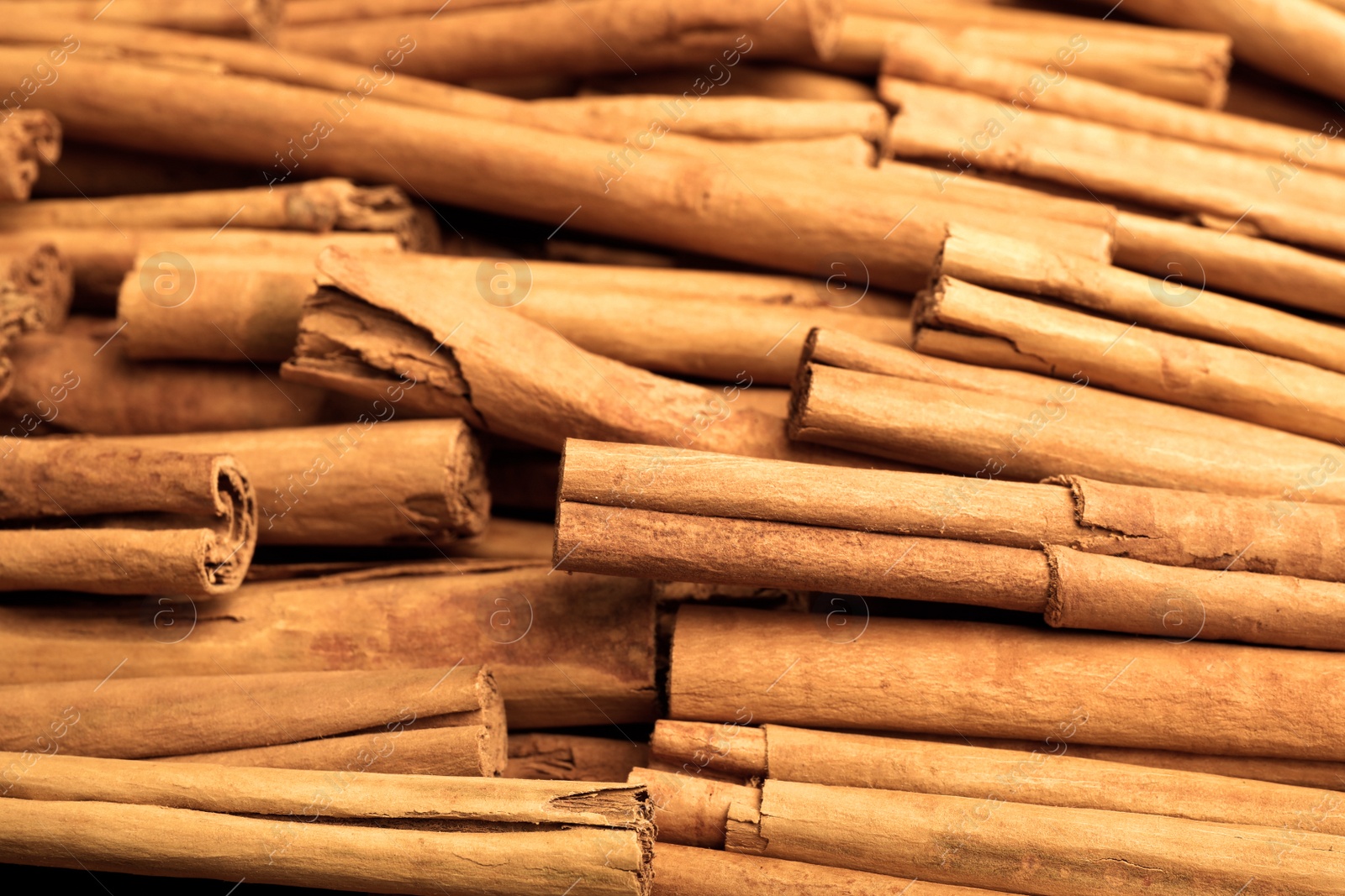 Photo of Aromatic dry cinnamon sticks as background, closeup