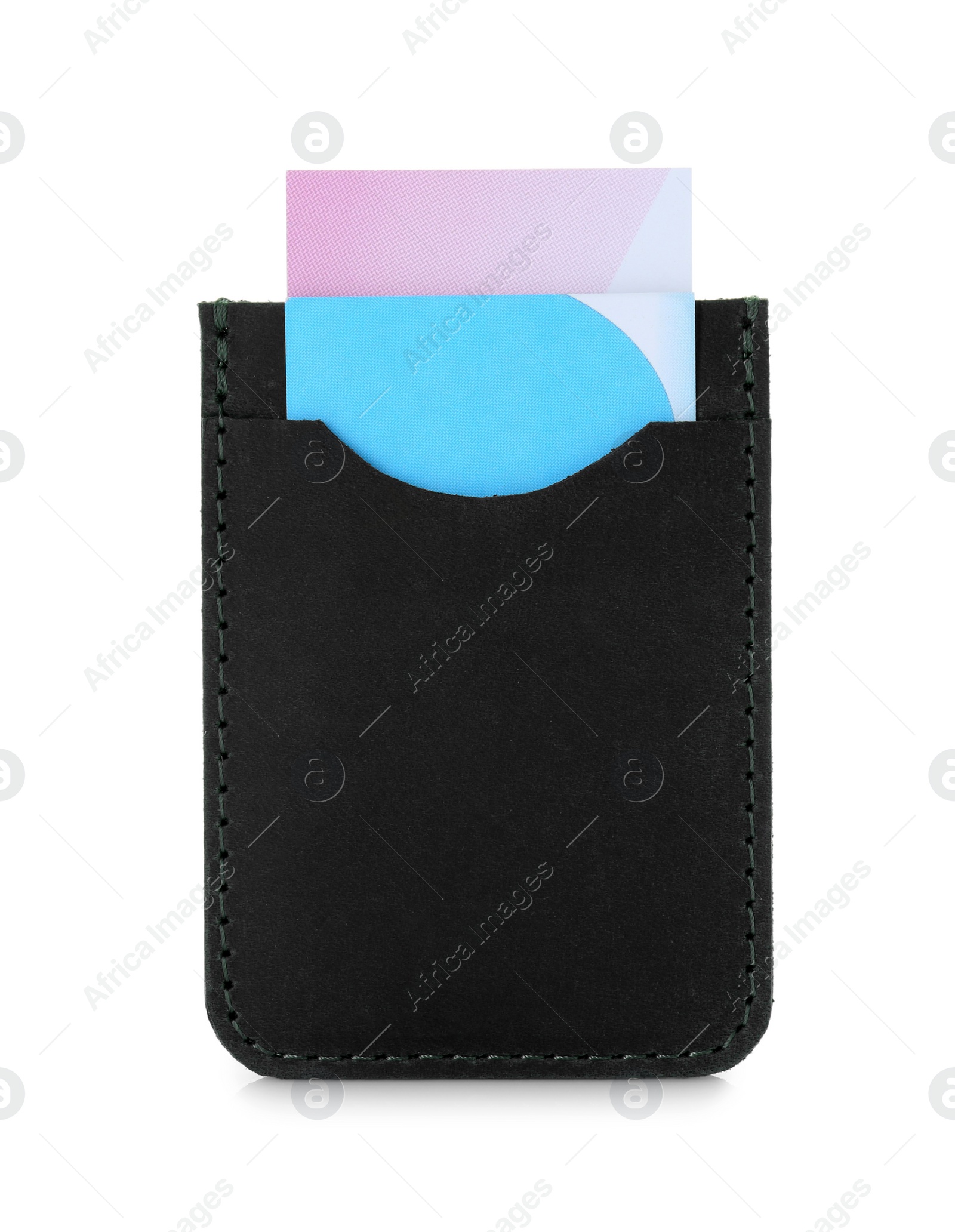 Photo of Leather business card holder with cards isolated on white