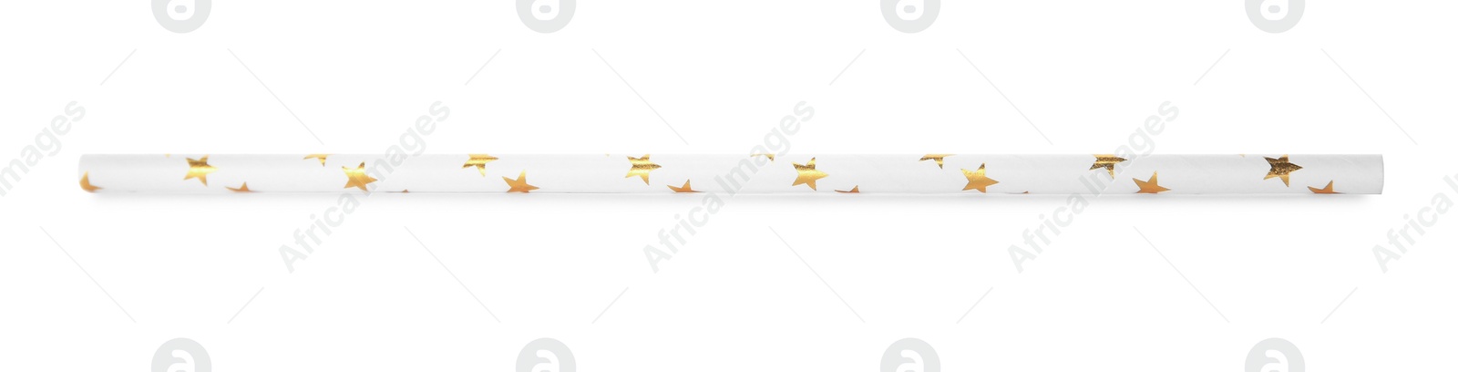 Photo of One paper straw with golden stars for drinking isolated on white