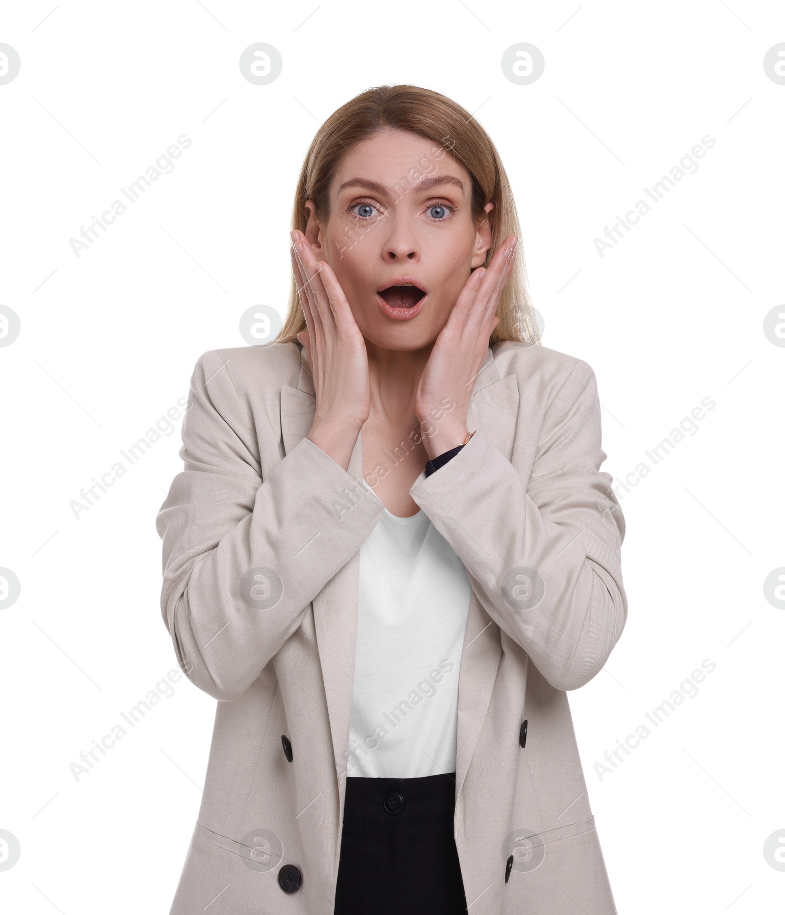 Photo of Beautiful emotional businesswoman posing on white background