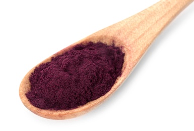 Photo of Wooden spoon with acai powder on white background