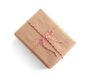 Photo of Beautifully wrapped gift box on white background, top view