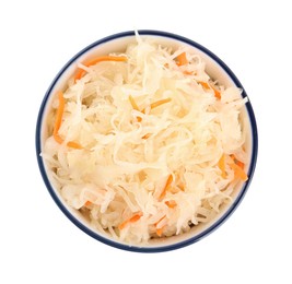 Photo of Bowl of tasty sauerkraut with carrot on white background, top view