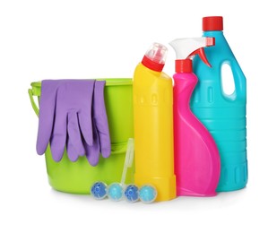 Photo of Composition with different toilet cleaning tools on white background