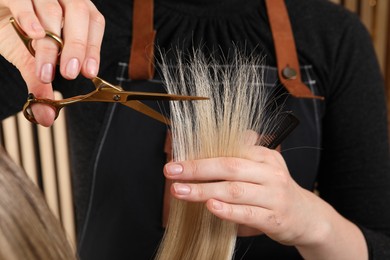 Hairdresser cutting client's hair with scissors in salon, closeup