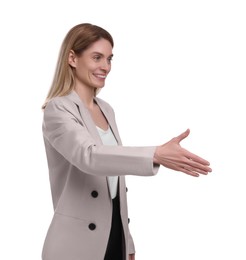 Photo of Beautiful happy businesswoman giving handshake on white background