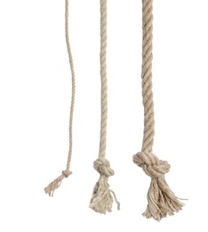 Photo of Different cotton ropes with knots on white background