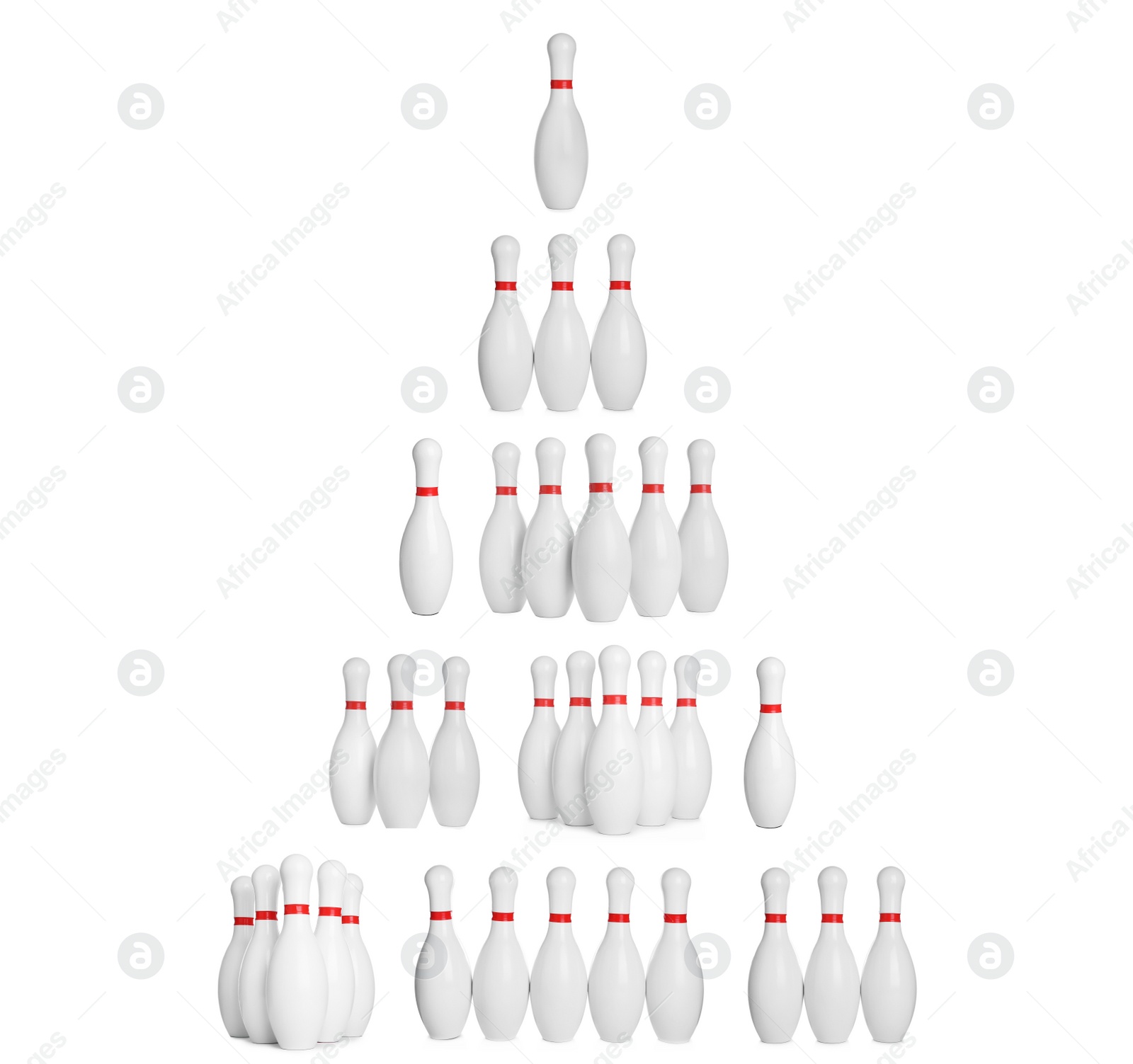 Image of Set of bowling pins with red stripes on white background