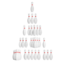 Set of bowling pins with red stripes on white background