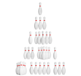 Image of Set of bowling pins with red stripes on white background