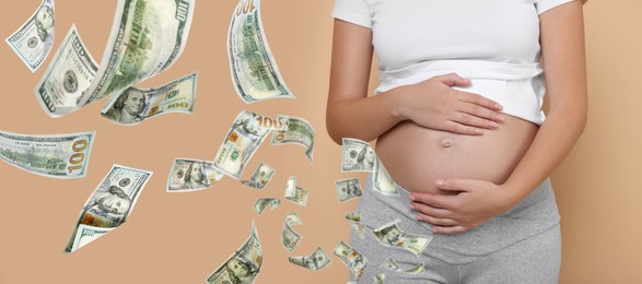 Image of Surrogate mother and flying money on beige background, closeup. Banner design