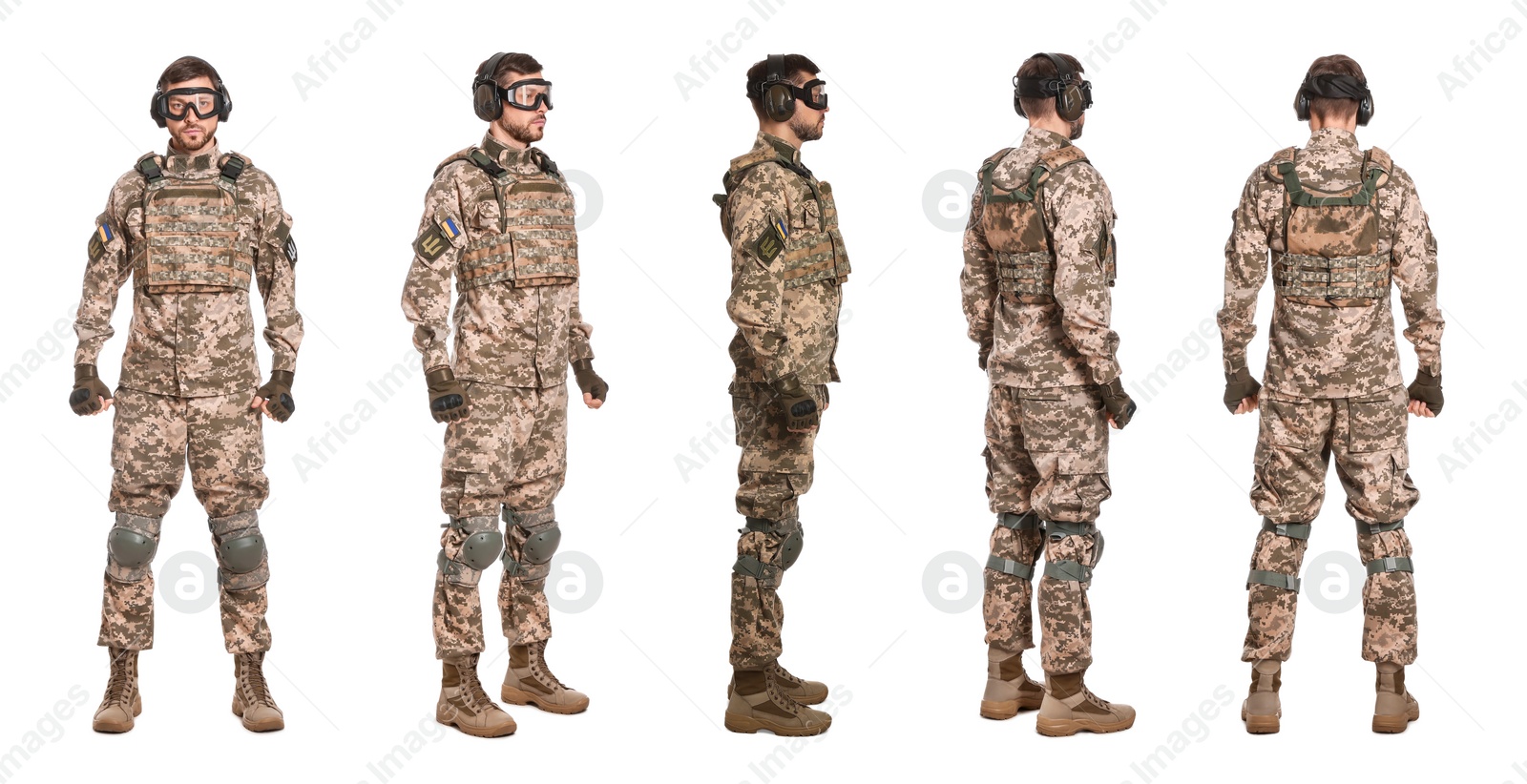 Image of Collage with photos of Ukrainian soldier wearing military uniform on white background