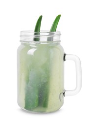 Photo of Tasty aloe juice and cut leaves in mason jar isolated on white