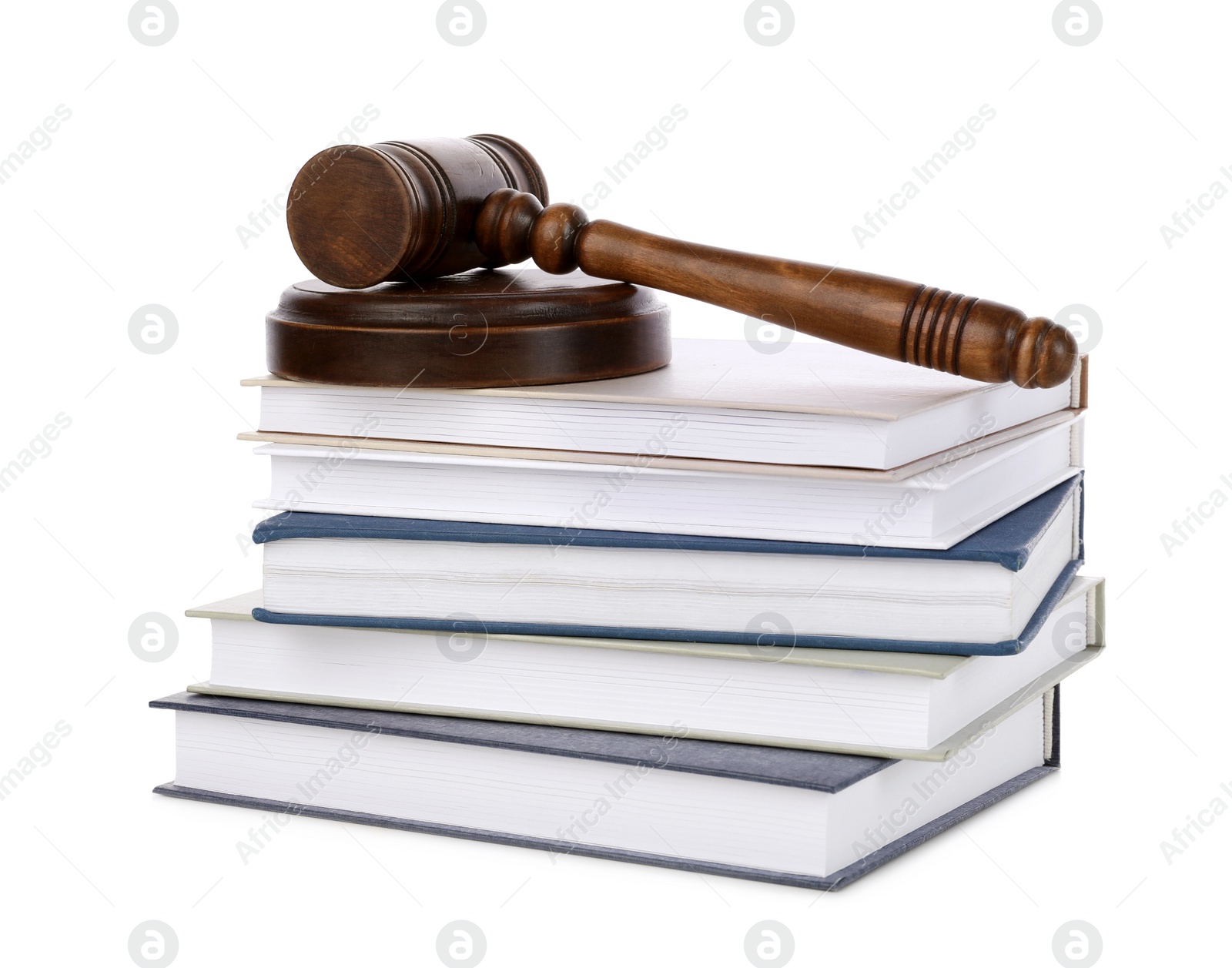 Photo of Wooden gavel and stack of books on white background