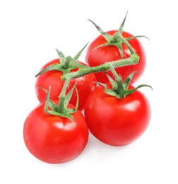 Photo of Branch of fresh cherry tomatoes isolated on white