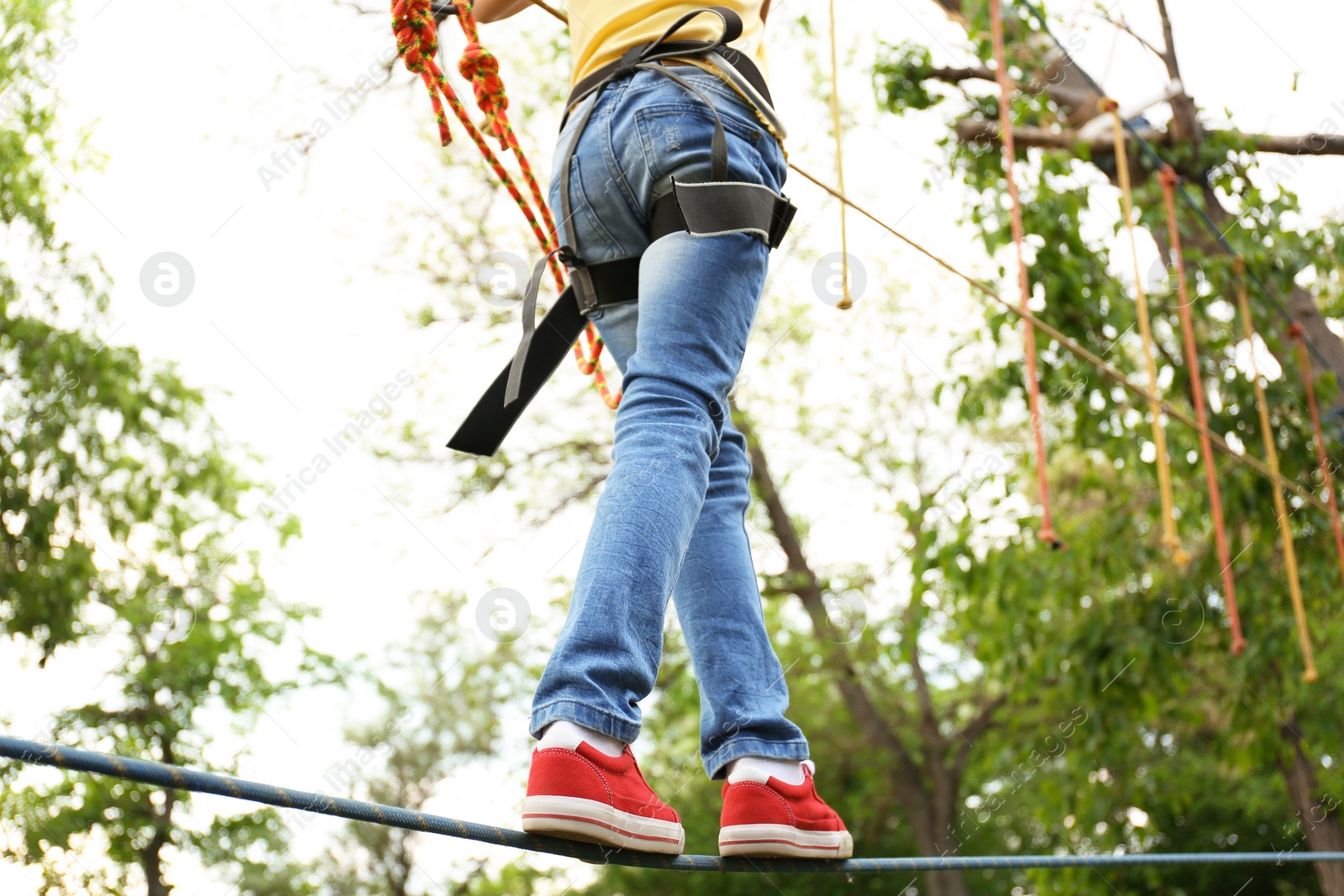 Photo of Little girl climbing in adventure park, closeup. Summer camp