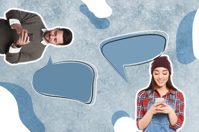 Image of Dialogue, chatting. Photos of people using mobile phones and speech bubbles near them, collage design