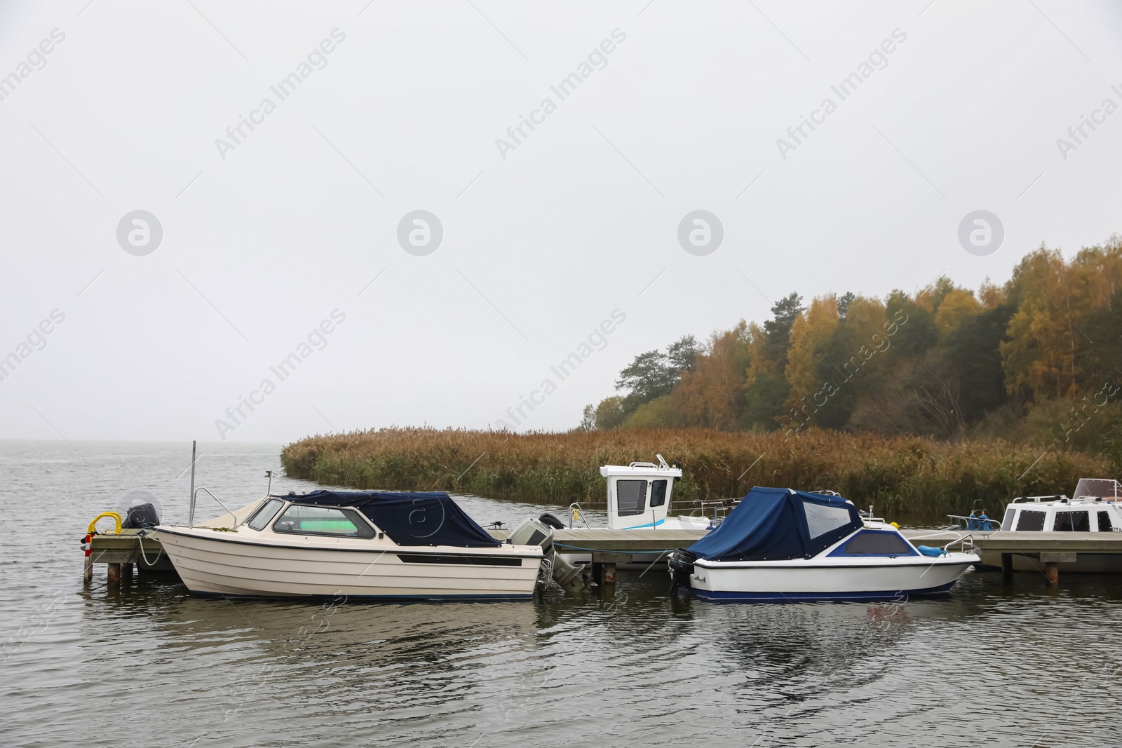 Photo of Picturesque view of wooden pier with moored boats