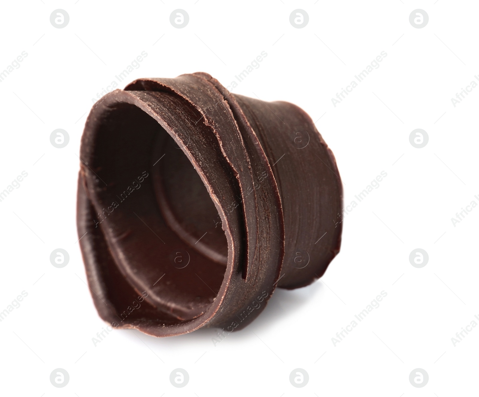 Photo of Yummy chocolate curl for decor on white background