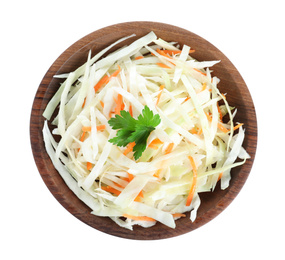 Photo of Fresh cabbage salad in bowl isolated on white, top view