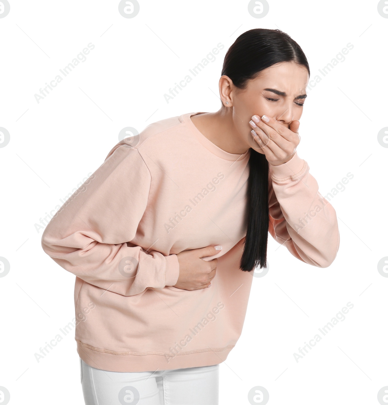 Photo of Woman suffering from stomach ache and nausea on white background. Food poisoning