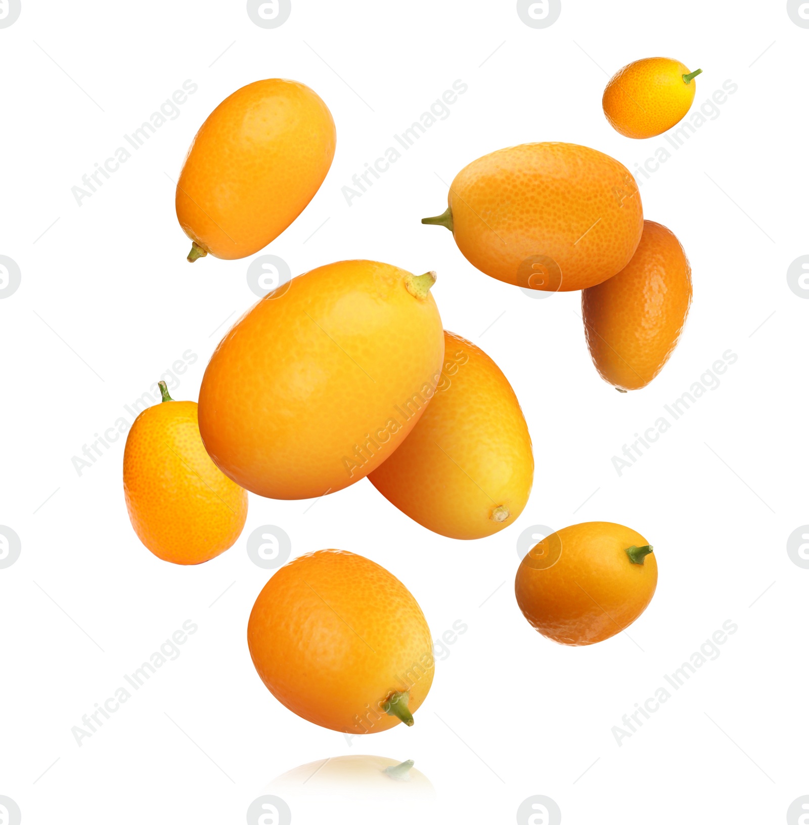 Image of Delicious fresh kumquats falling on white background