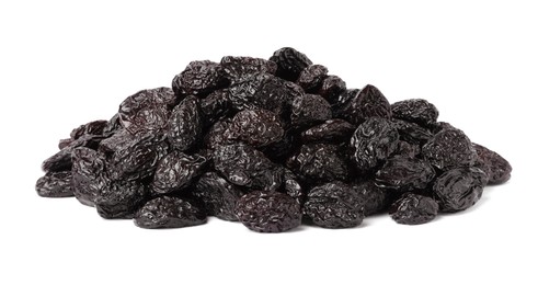 Pile of sweet dried prunes on white background