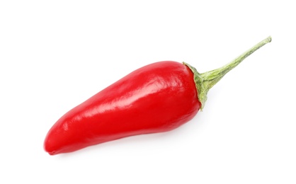 Photo of Ripe red hot chili pepper on white background, top view