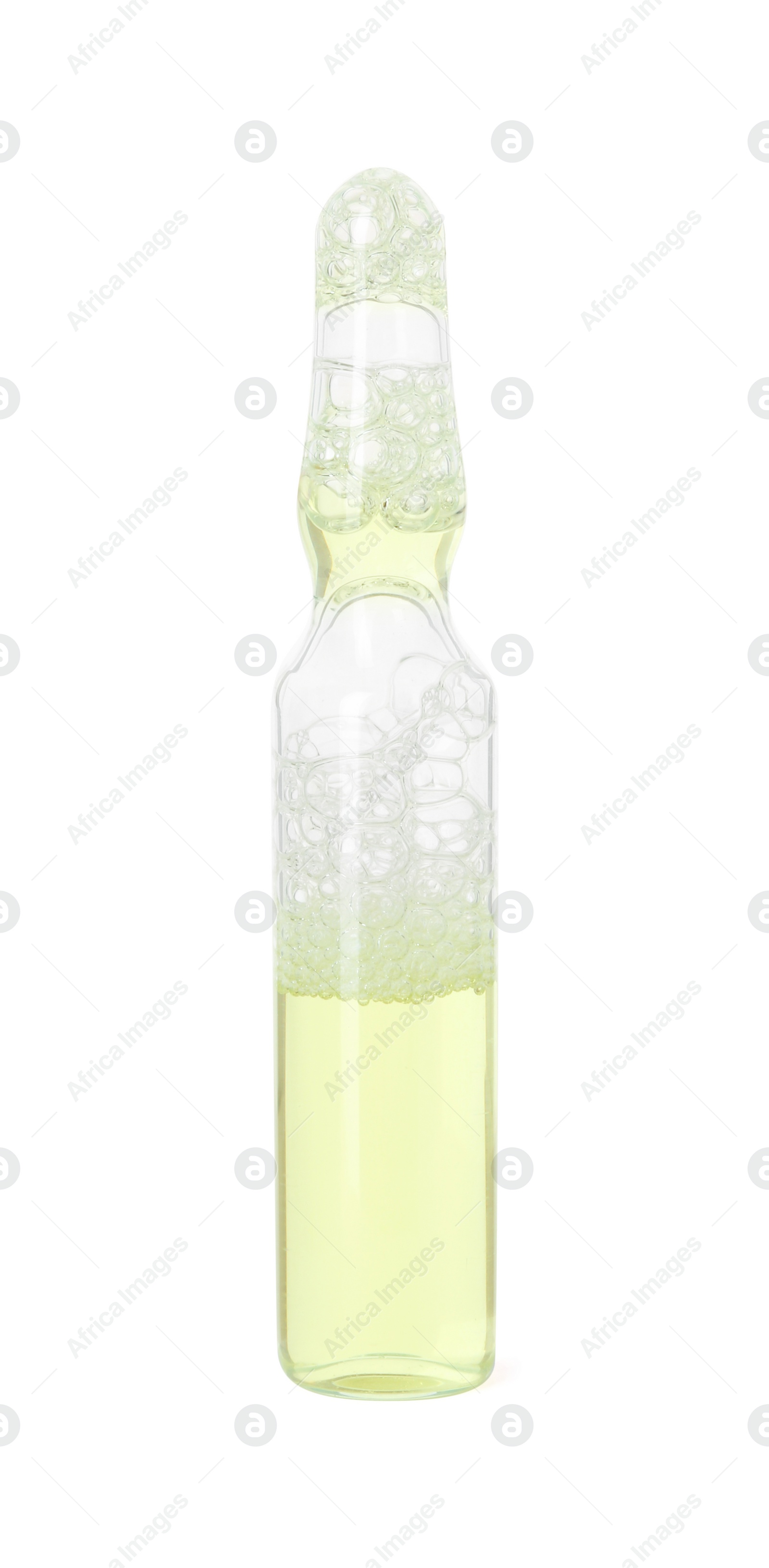 Photo of One glass ampoule with liquid isolated on white