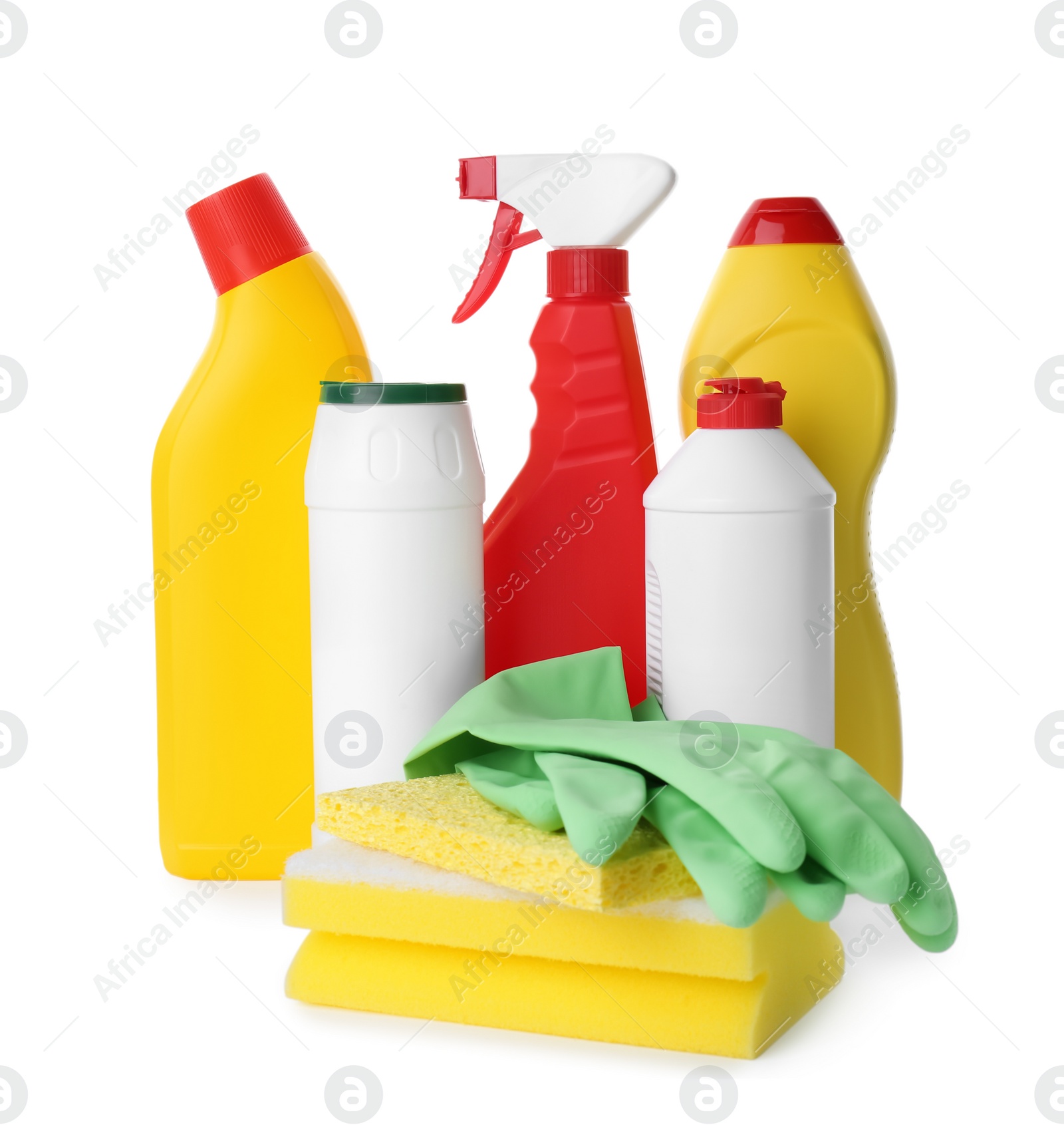 Photo of Set of different cleaning supplies on white background