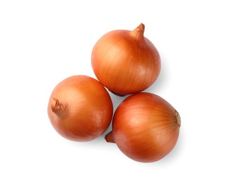 Photo of Fresh onions on white background, top view