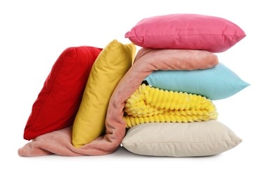 Photo of Stylish soft pillows and blankets on white background