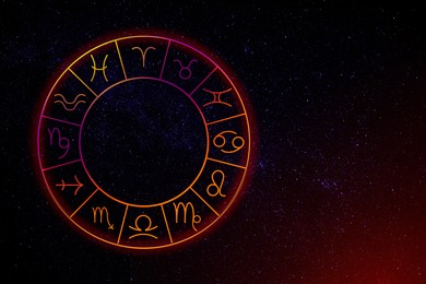 Illustration of  zodiac wheel with astrological signs against starry sky in night