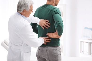 Chiropractor examining patient with back pain in clinic