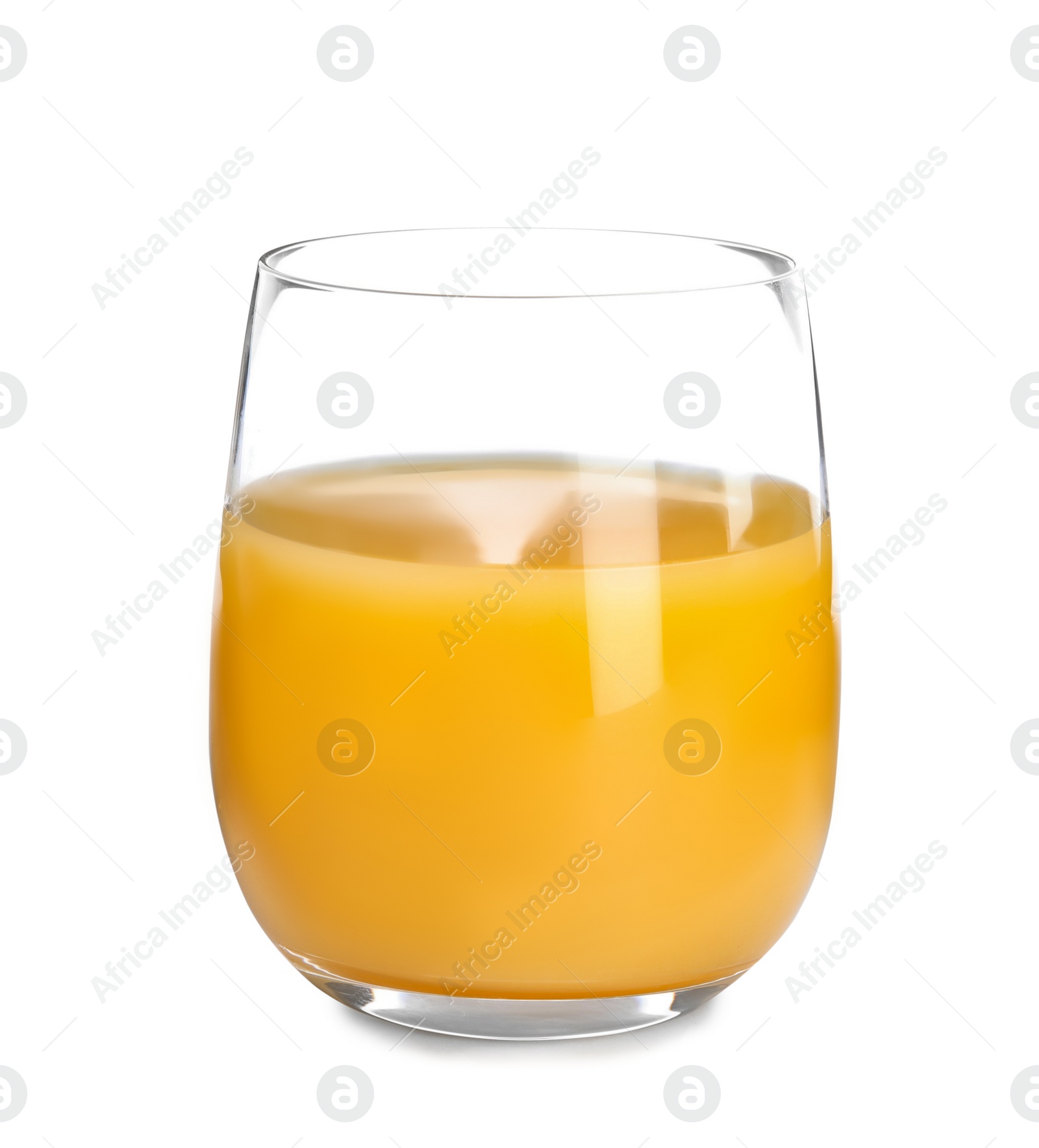 Photo of Glass of orange juice on white background