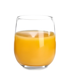 Photo of Glass of orange juice on white background