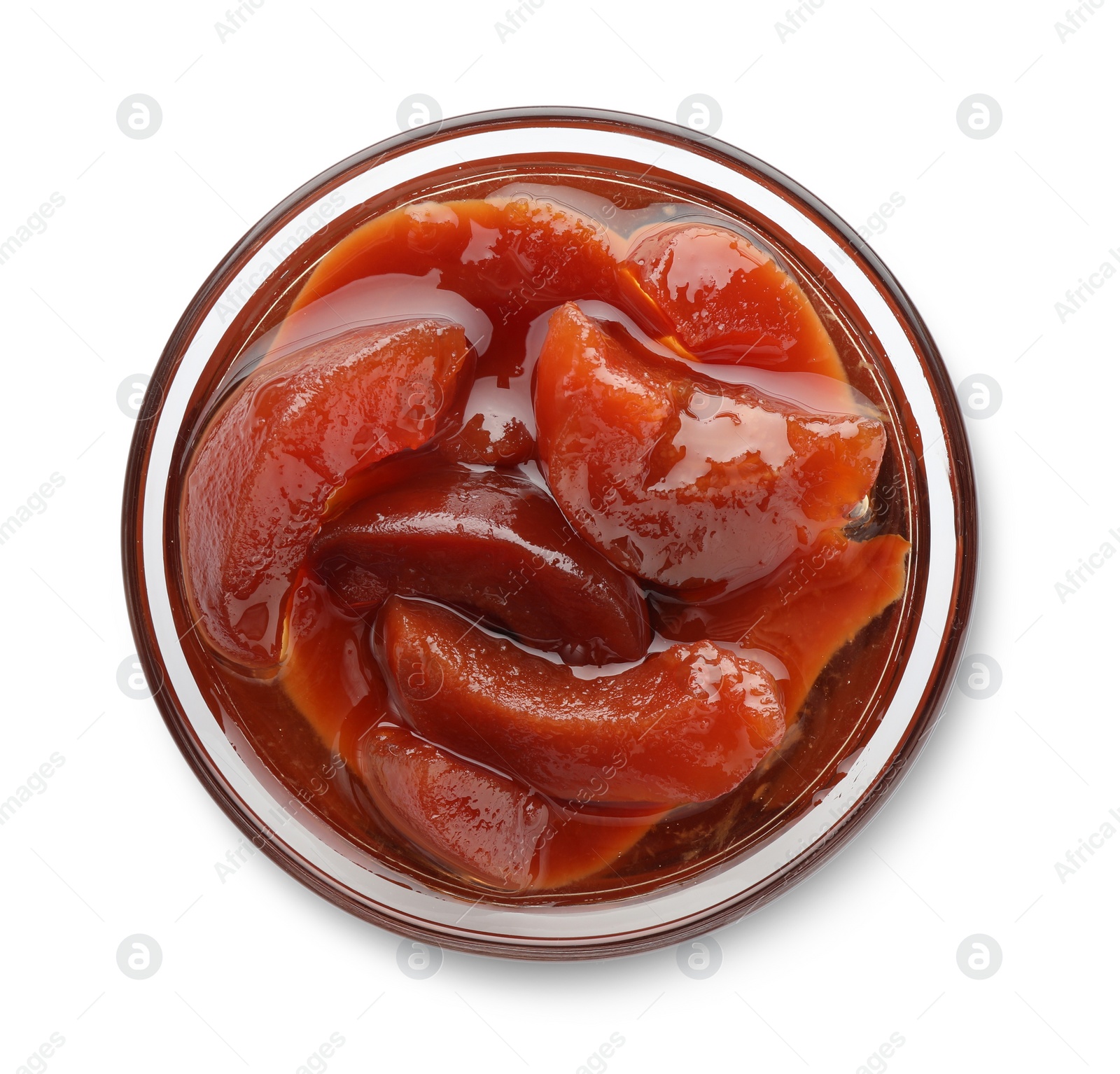 Photo of Tasty homemade quince jam in bowl isolated on white, top view